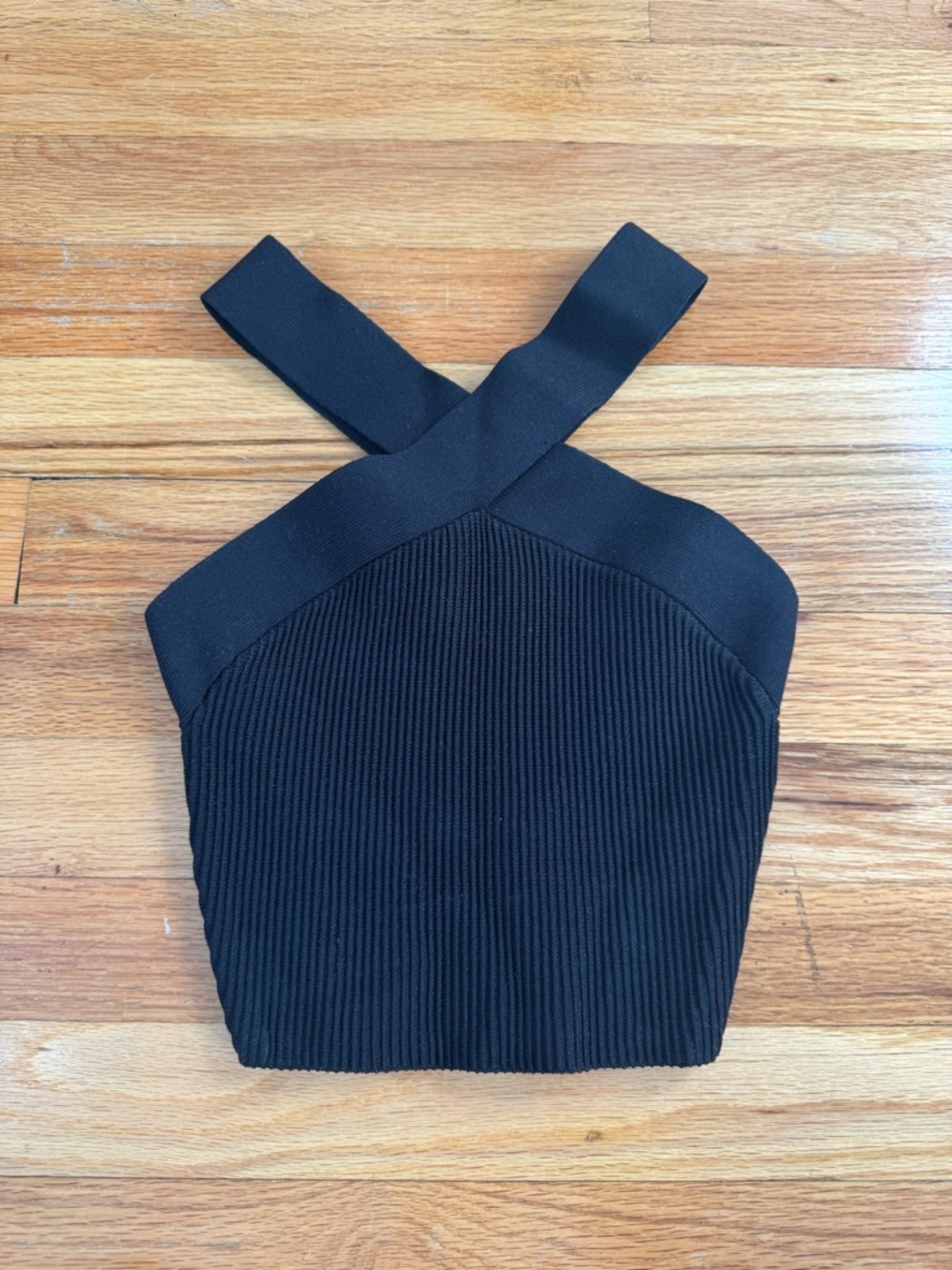 Babaton Black Ribbed Cross-Strap Crop Top